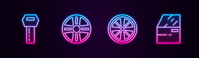 Set line Car key with remote, Alloy wheel, and door. Glowing neon icon. Vector.