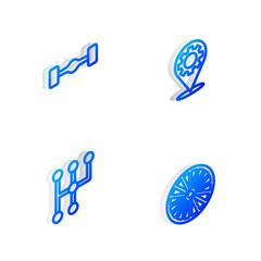 Set Isometric line Car service, Chassis car, Gear shifter and Alloy wheel icon. Vector.