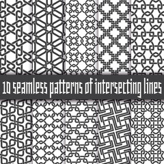 Set of 10 abstract patterns. Black and white seamless vector backgrounds.