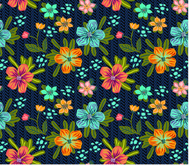Fototapeta na wymiar Summer seamless vector pattern with fairy flowers, digital drawing.