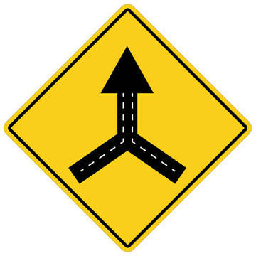 Warning Sign Two Way Road Merge On White Background. Traffic Sign. Traffic Sign Lanes Merging Symbol. Flat Style.