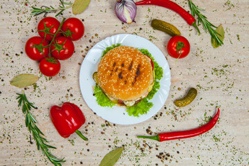 Fresh and juicy hamburger. Delicious cheese burger on a rustic wooden table