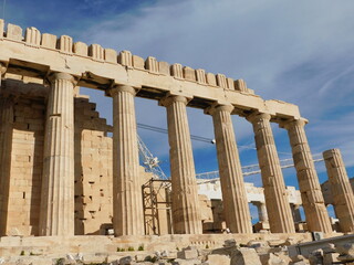 Obraz premium View of the Parthenon, the ancient temple of goddess Athena, under restoration, in Athens, Greece