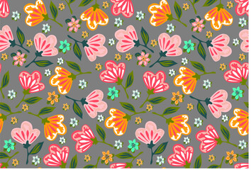 
Summer seamless vector pattern with fairy flowers, digital drawing.