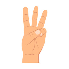 Counting fingers - number three. Hand showing three fingers. Communication gestures concept. Vector illustration.