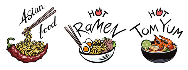 Asian food, soup, Ramen noodles, Tom Yam, etc., Soups, Oriental dishes. Spicy national dish of Thailand, Japan, Korea, Vietnam, China, etc. Dish with chopsticks. Isolated on a white background.