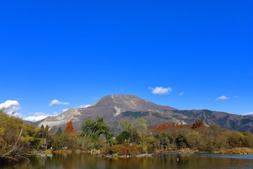 Fototapeta premium 山の見える池がある公園