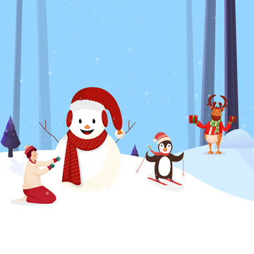Cheerful Snowman Wearing Santa Hat With Scarf, Cartoon Boy, Penguin And Reindeer On Winter Landscape Background.