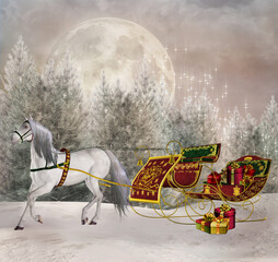 Santa Claus sleigh on the run in an enchanted winter scenery
