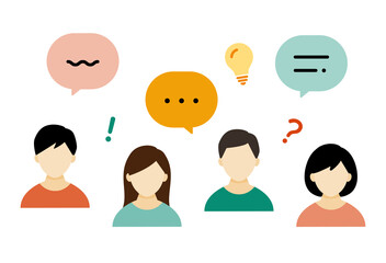 コミュニケーション・男女のイラスト／会話／吹き出し／男性／女性／複数／ビジネス／話す／考える
