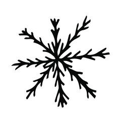 Hand drawn snowflake. Doodle vector illustration. Simple crystal snowflake on white background.