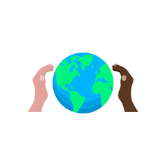 United community. Hands of the people of the world holding the planet. Vector illustration.