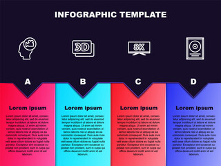 Set line Head with camera, 3D word, Screen tv 8k and CD disk award in frame. Business infographic template. Vector.