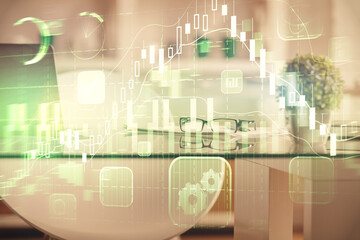 Double exposure of financial graph drawing and office interior background. Concept of stock market.