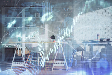 Double exposure of financial graph drawing and office interior background. Concept of stock market.