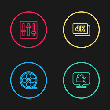 Set line Film reel, Camera and location, 4k Ultra HD and Sound mixer controller icon. Vector.