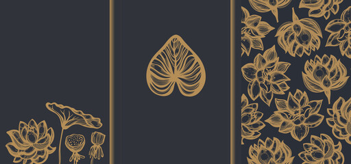 Collection of cards with the image of golden lotuses on a black background. Vector illustration.