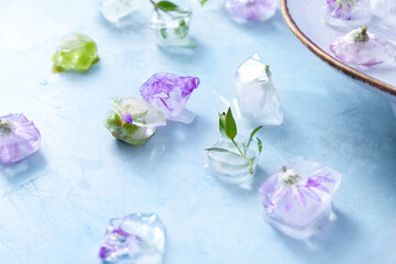 Beautiful flowers frozen in ice on color background