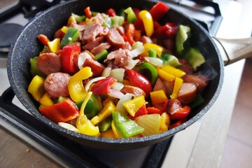 Hot Traditional Hungarian dish na frying pan - letcho with sausage, zucchini and paprika