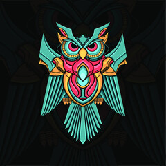 colorful owl ornament illustration with mecha style
