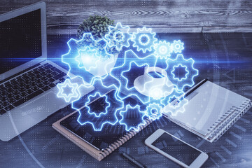Double exposure of financial theme drawing and cell phone background. Concept of business