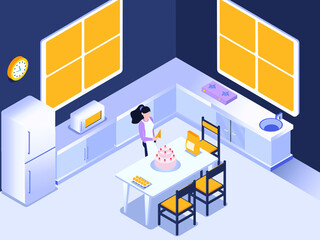 Housewife making birthday cake isometric 3d vector concept for banner, website, illustration, landing page, flyer, etc.