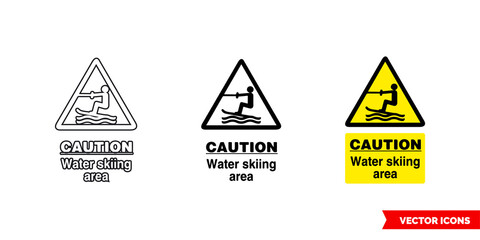 Caution water skiing area hazard sign icon of 3 types color, black and white, outline. Isolated vector sign symbol.