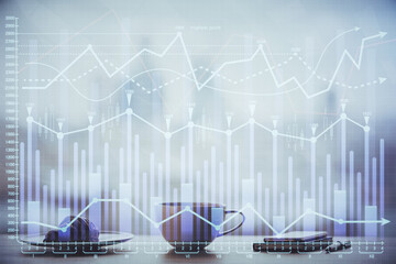 Double exposure of forex chart over coffee cup background in office. Concept of financial analysis and success.