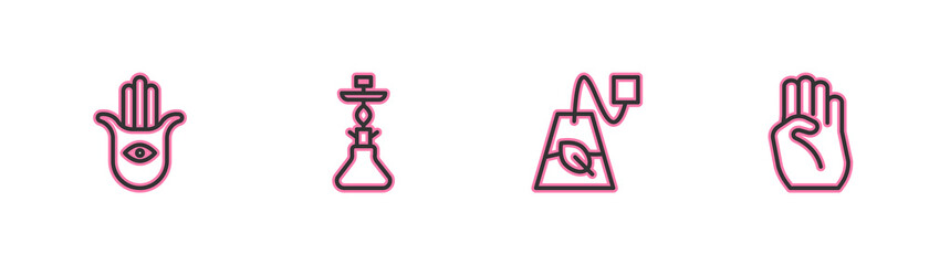 Set line Hamsa hand, Tea bag, Hookah and Indian symbol icon. Vector.