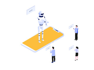 Artificial Intelligence Robot development vector concept: Isometric scientist developing Artificial Intelligence Robot