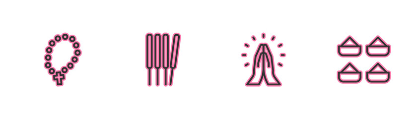 Set line Rosary beads religion, Hands in praying position, Aroma sticks, incense and Indian spice icon. Vector.
