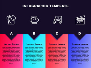 Set line Indian man dress, Cup of tea and leaf, Taxi tuk tuk and Bollywood indian cinema. Business infographic template. Vector.