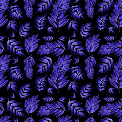 Watercolor seamless pattern with olive branches. Hand drawn purple branches of olives tree isolated on black background. Cute pattern design for home textile, decor, wedding decor, invitations.