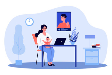 New mom and baby talking to dad through video call. Laptop, online chat, conference flat vector illustration. Online communication, parenthood concept for banner, website design or landing web page