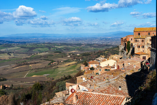 Picturesque Aerial View Of The Medieval Town Montepulciano In Tuscany, Italy. Aerial View Of The Historical Centre In Winter.