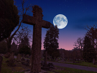 Full Moon Cemetery Graveyard Horror at Night