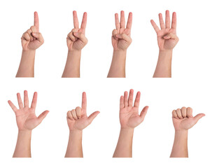 Male hand in various gestures on white background