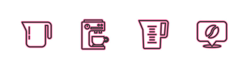 Set line Coffee pot, Jug glass with water, machine and Location coffee bean icon. Vector.
