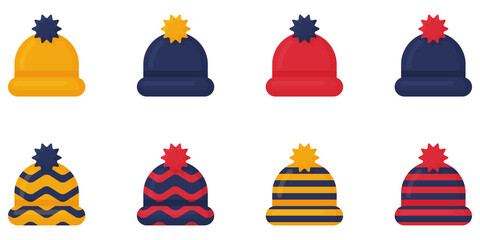 set of hats with pom-poms with various patterns. Vector illustration