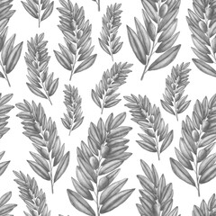 Fototapeta na wymiar Watercolor black and white seamless pattern with olive brunches. Hand drawn brunches of olives tree isolated on white background. Cute pattern design for home textile, wedding decor, invitations.