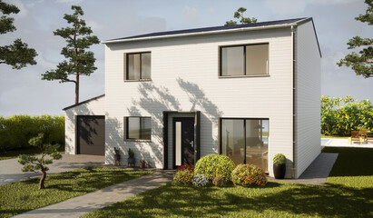 Maison d'habitation en bardage bois, perspective 3d