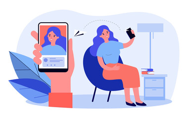 Happy woman sending selfie to friend. User taking and sharing self picture flat vector illustration. Online communication, social media concept for banner, website design or landing web page