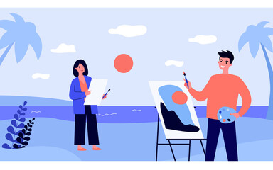 Happy people painting from nature. Young couple of artist with easels on beach, sunset, sea flat vector illustration. Hobby, drawing, art concept for banner, website design or landing web page