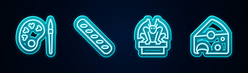 Set line Paint brush with palette, French baguette bread, Gargoyle on pedestal and Cheese. Glowing neon icon. Vector.