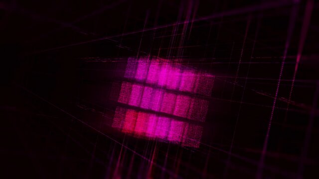 Abstract visualization of artificial intelligence self transformation and learning. Animation. AI creating a 3D shimmering rotating cube from many particles isolated on black background. 