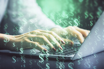 Fototapeta premium Double exposure of businesswoman hands typing on computer and forex chart hologram drawing. Financial analysis concept.