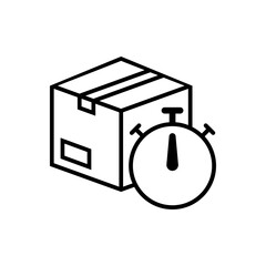 Logotipo entega rápida. Icono caja de cartón con cronómetro con lineas en color negro