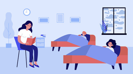 Mom reading bedtime story to kids. Fairytale, book, happy children lying in bed flat vector illustration. Motherhood and literature concept for banner, website design or landing web page