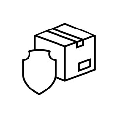 Logotipo entrega segura. Icono caja de cartón con escudo con lineas en color negro