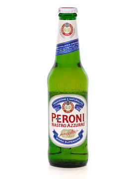 BUCHAREST, ROMANIA - AUGUST 22, 2015. Bottle of Peroni Nastro Azzurro Beer isolated on white